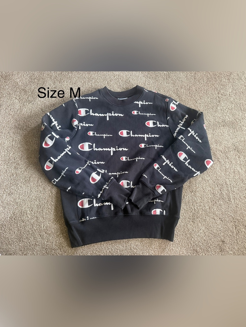 Champion Black Crewneck Sweatshirt with Allover Logo Sz M